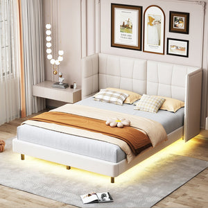 English Elm Queen Upholstered Platform Bed with LED Lights, U-Shaped Headboard, Linen Fabric, Sturdy Metal Legs Beige SF000151AAA