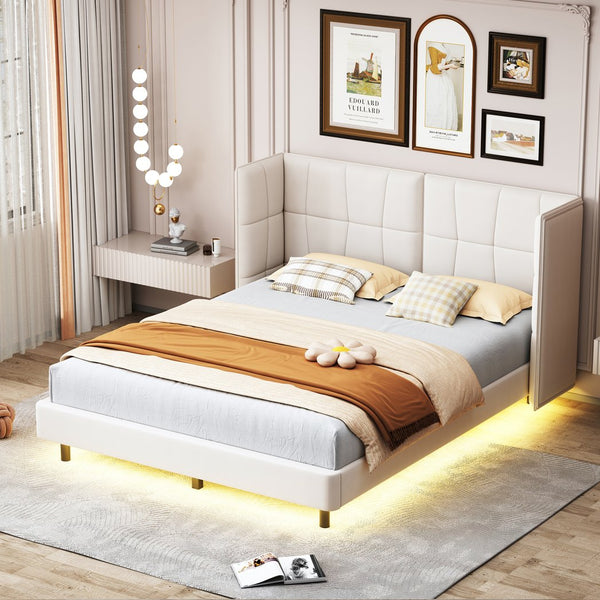 English Elm Queen Upholstered Platform Bed with LED Lights, U-Shaped Headboard, Linen Fabric, Sturdy Metal Legs Beige SF000151AAA