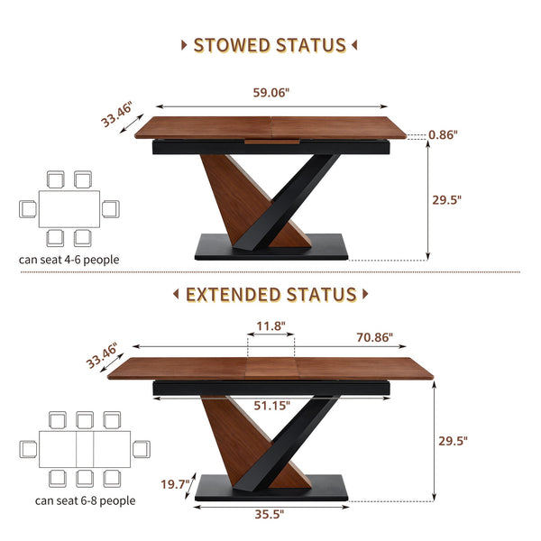 English Elm Modern Extendable Dining Table with Walnut MDF Veneer Top, Dual V-Shaped Metal Base, Sleek Durable Design Dark Walnut W3493S00007