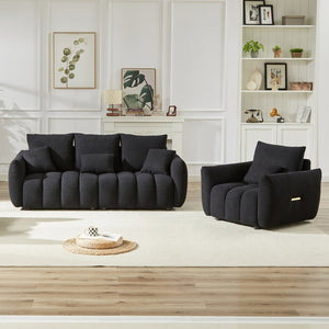 English Elm 3 Plus 1 Seater Teddy Fleece Sofa Set Wooden Frame Foam Spring Living Room Pair Black W1193S00188