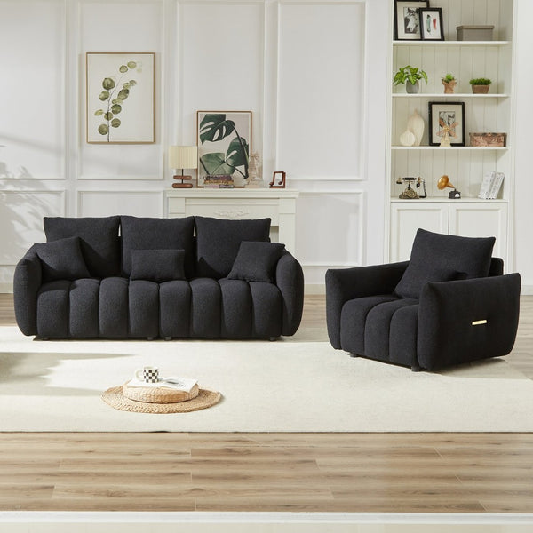 English Elm 3 Plus 1 Seater Teddy Fleece Sofa Set Wooden Frame Foam Spring Living Room Pair Black W1193S00188