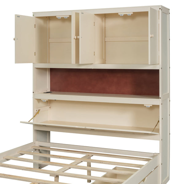 English Elm Full Size Wooden Platform Bed With Usb Charging, Storage Headboard & Elegant Drawers In Cream N820S00045K