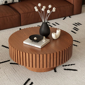 English Elm Round Handcrafted Olive-Shaped Coffee Table with Sturdy MDF Pedestal, Ready-to-Use Living Room Accent Natural Wood W3081P255076