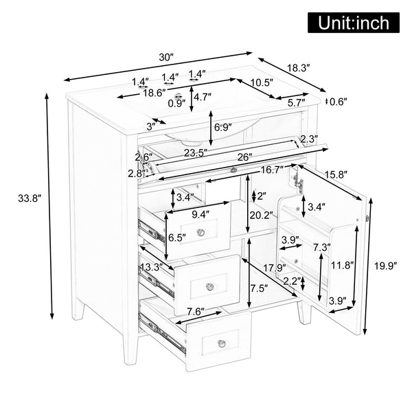 English Elm 30-Inch Contemporary Bathroom Vanity with Sink, MDF & Rubberwood, Glossy Finish, 3 Drawers + Cabinet Blue Gray N725P350819E