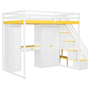 English Elm Full Size Teen Loft Bed with Staircase Shelves Wardrobe Vanity and Led Lighting LT000276AAL