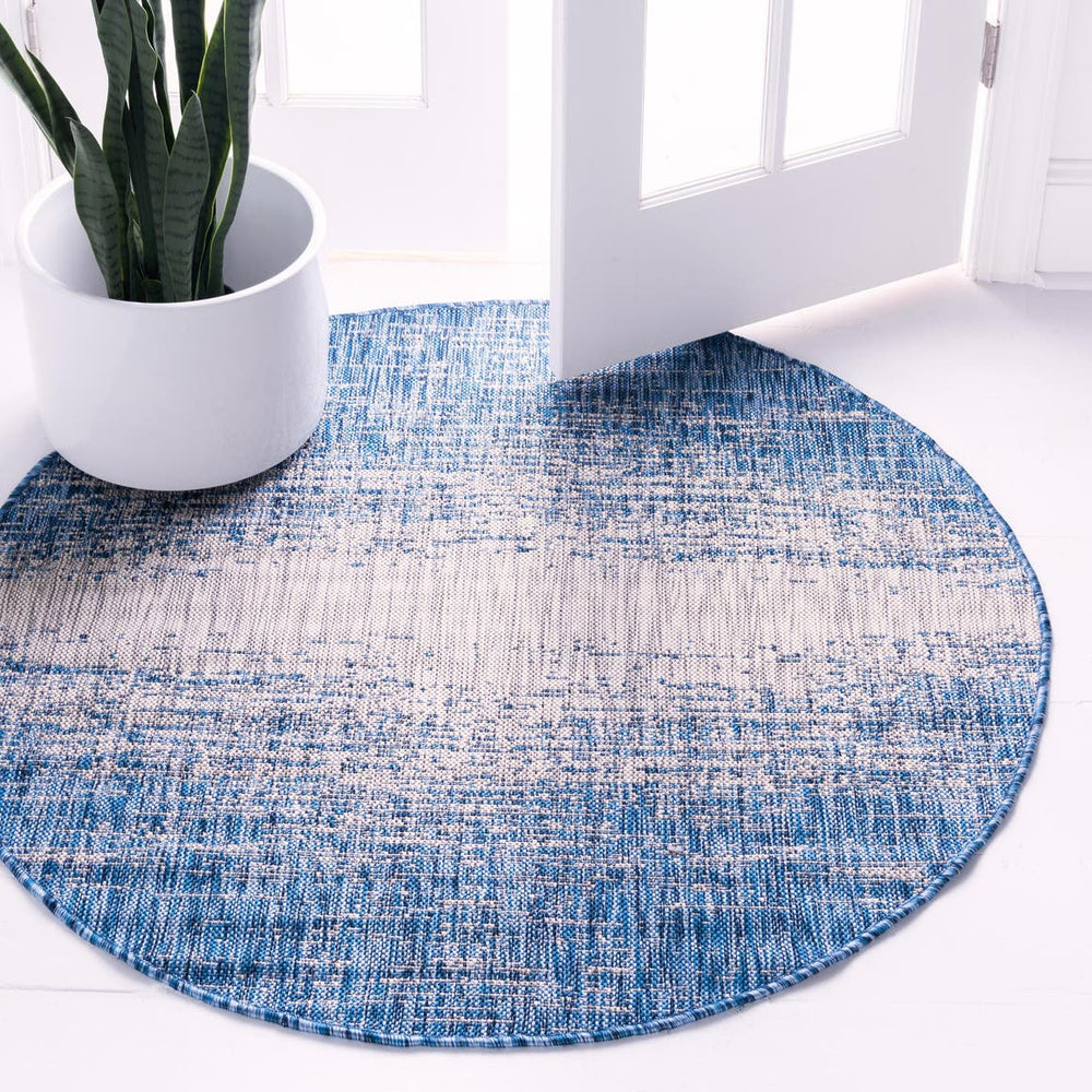 Unique Loom Outdoor Modern Ombre Machine Made Abstract Rug Blue, Ivory 10' 8" x 10' 8"