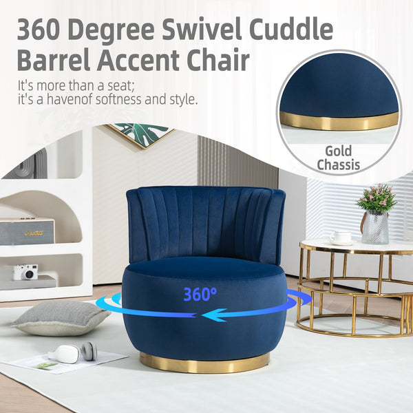 English Elm 360 Velvet Swivel Barrel Chair with Plush Foam Cushion, 360° Rotating Accent Seat for Living Room Navy W395P145392