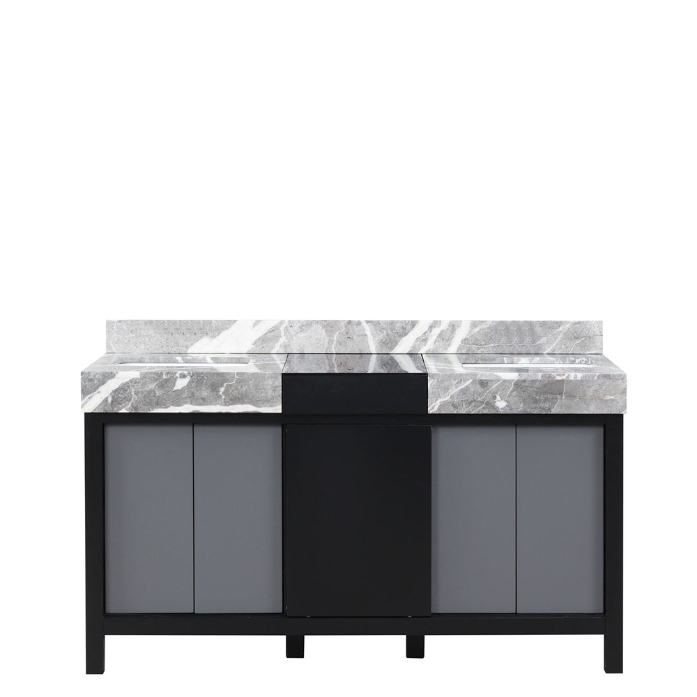 English Elm Black Double Bath Vanity 60" W X 22" D With Castle Grey Marble Top, Soft-Close Drawers & Storage B2731P261105