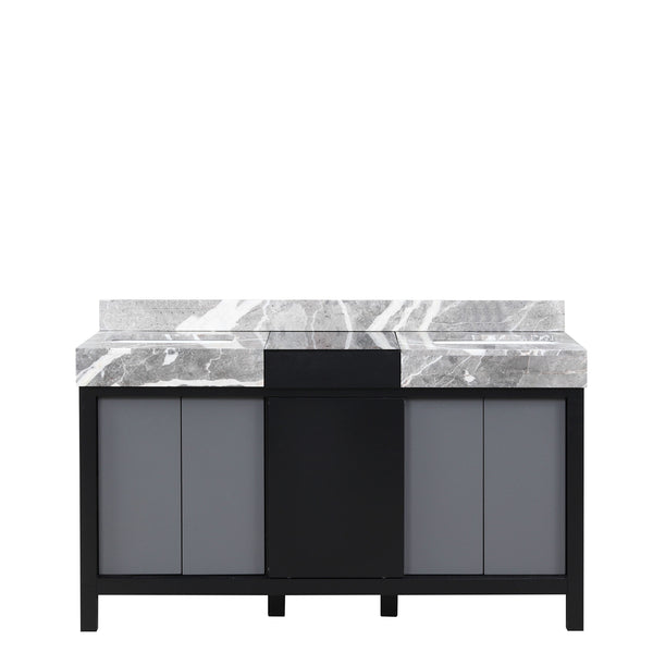English Elm Black Double Bath Vanity 60" W X 22" D With Castle Grey Marble Top, Soft-Close Drawers & Storage B2731P261105