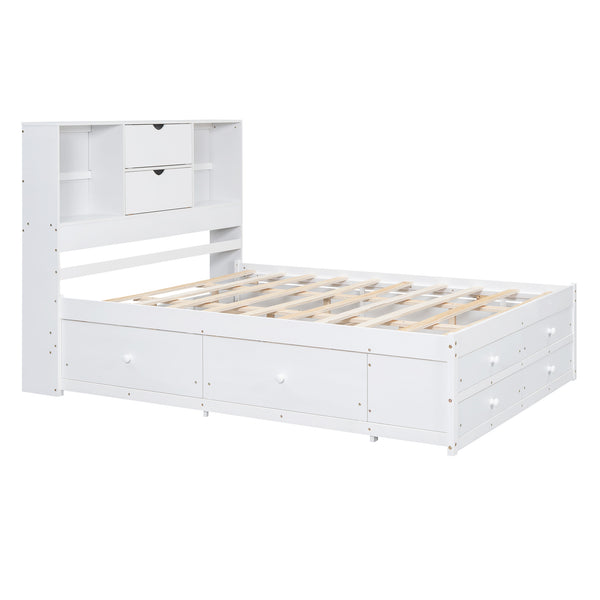 English Elm Queen Platform Bed with Built-In Headboard Storage and 8 Drawers, Solid Wood MDF, Sturdy Design White GX000453AAK