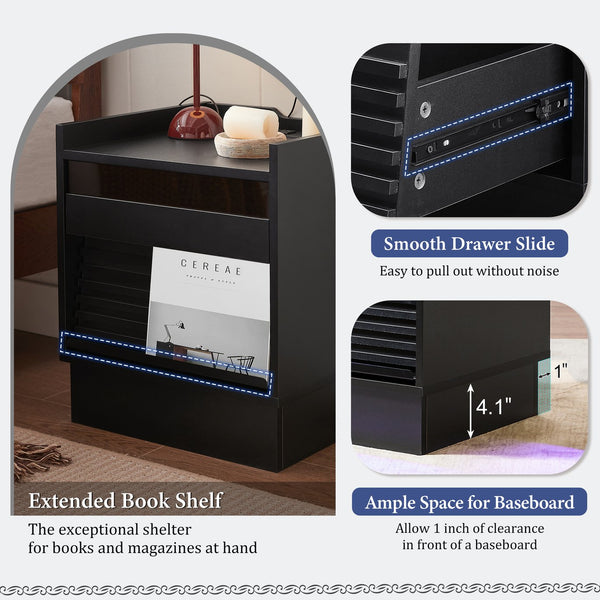 English Elm Christopher Knight Home® - Mid Mid Century Modern Nightstand with USB Charging Station, LED App-Control Lights, 2 Drawers, Sleek Design Black 22.24 L x 18.7 W x 7.09 H N761P255453B
