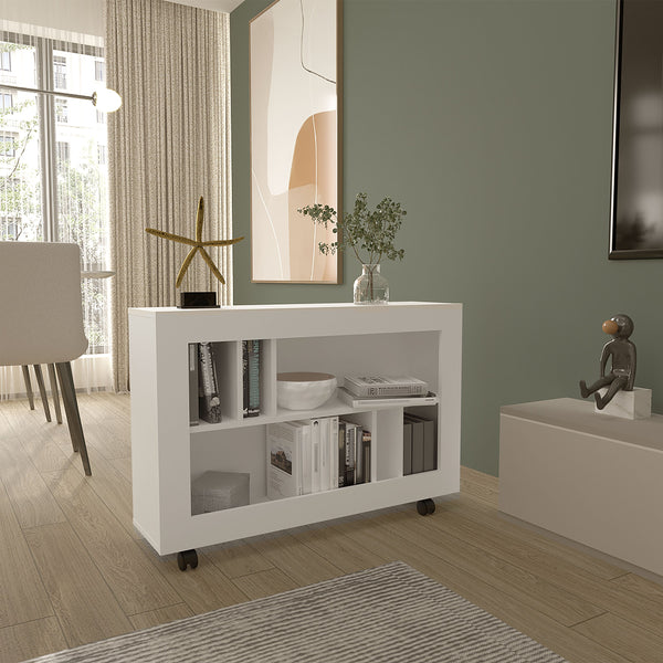 English Elm Console Rolling Storage Console Table with 5 Open Shelves, Smooth Casters, Eco-Friendly Build White 42.91 L x 16.54 W x 5.51 H B097P296826