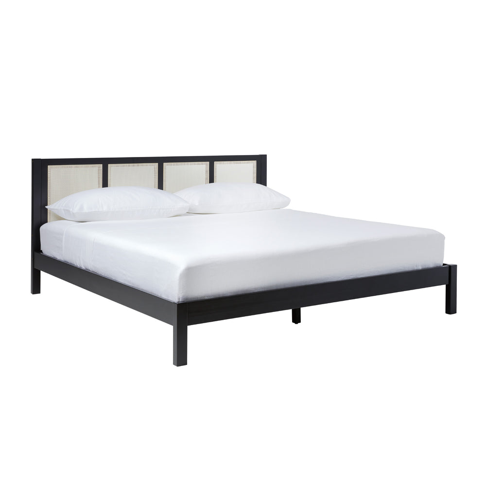 English Elm Walker Edison - Boho Solid Rubberwood King Bedframe with 3 Rattan Panels, Black Platform Design, No Box Spring B185S00020