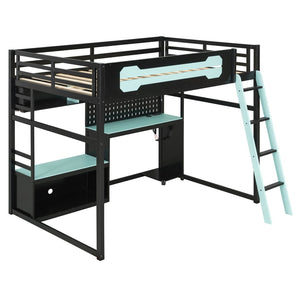 English Elm Full Size Gaming Loft Bed with Built-in Desk Led Lighting Usb Ports and Pegboard Black+Blue LT000270AAC
