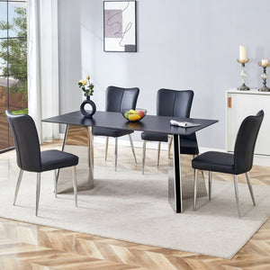 English Elm Table Set: Luxurious Black Marble-Patterned Top With Stainless Steel Legs & 4 Elegant Pu Dining Chairs W1151S01967-GIGA