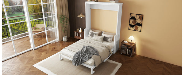 English Elm Queen Murphy Wall Bed with Integrated Desk Gas Strut Lift White Cabinet for Small Spaces White W504S00216
