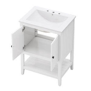 English Elm 24" Morandi White Bathroom Vanity with Ceramic Sink, Solid Wood Frame & Open Shelf, Modern Elegance N725P189823K