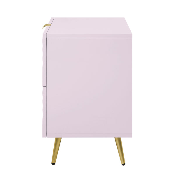 English Elm Pink High Gloss Wave 2-Drawer Nightstand with Reflective Finish, Metal Legs, Modern Luxe Accent Piece B062P209010