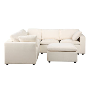 English Elm Modular 6-Seat Sectional Sofa With Reversible Chaise & Ottomans – Versatile Beige Couch For Living Rooms W1123S00045