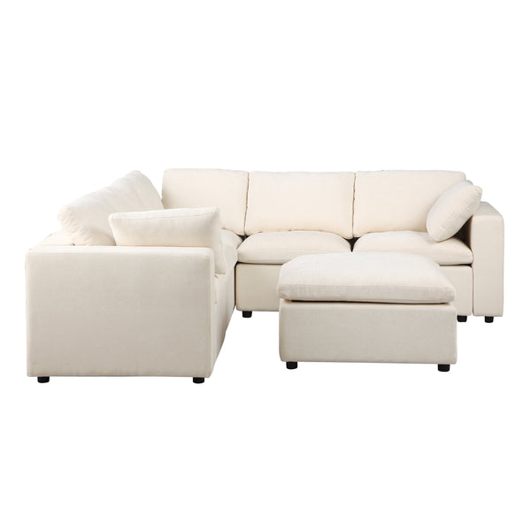 English Elm Modular 6-Seat Sectional Sofa With Reversible Chaise & Ottomans – Versatile Beige Couch For Living Rooms W1123S00045