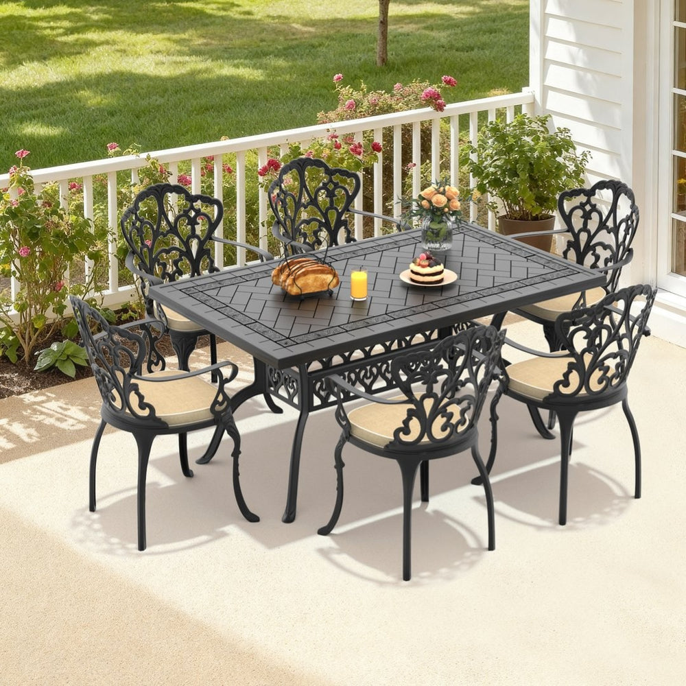 English Elm 7-piece Cast Aluminum Outdoor Dining Set with Petal Motif Detail and Weather Resistant Frame W1710S00577