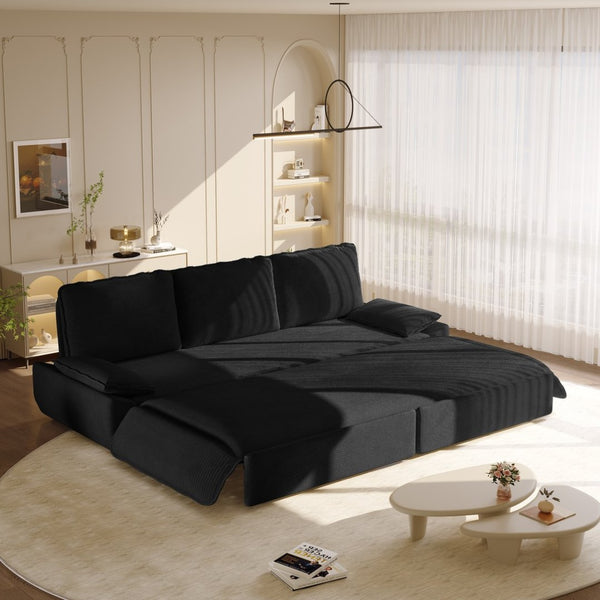 English Elm 94.5" King Convertible Sleeper Sofa Corduroy Upholstered Chaise Lounge Guest Room Bed Black W1885S00404