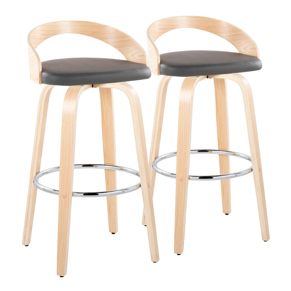 English Elm Grotto 30" Contemporary Swivel Barstool Set of 2 — Grey Faux Leather, Bent Wood Legs, Chrome Footrest B202S00596