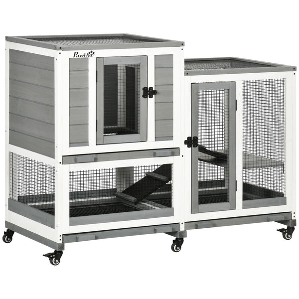 English Elm Pawhut Three Story Fir Wood Rabbit Hutch with Ramps Wheels and Removable Trays W2225P229221