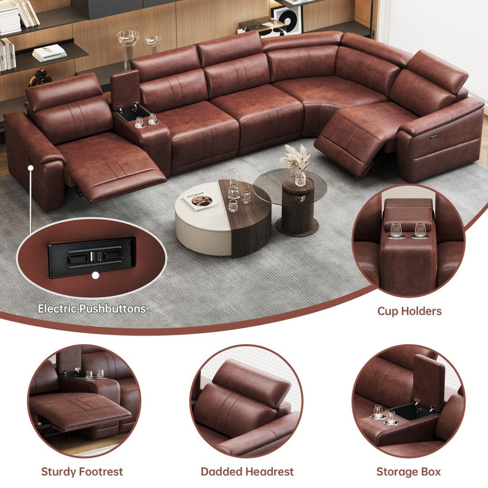 English Elm Power Reclining Sectional Sofa Faux Leather with Usb Console and Adjustable Headrests W3795S00013