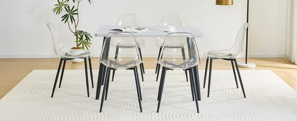 English Elm Table Set with Marble Glass Top Six Transparent Chairs for Modern Dining Spaces W1151S04633