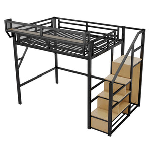 English Elm Full Size Loft Bed With Stairs & Storage Shelves - Stylish Metal Bed For Kids & Teens, Black Finish W2580S00029