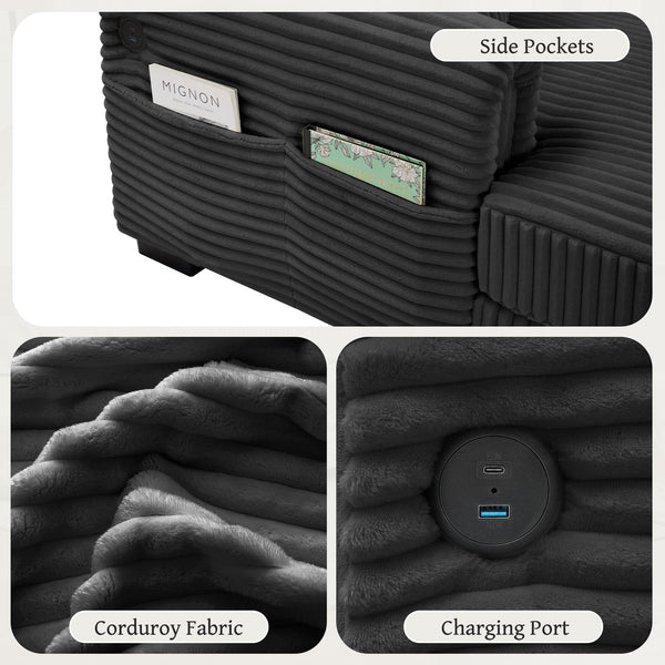 English Elm 2-Seater Corduroy L-Shaped Chaise Sofa with USB-C Charging, Storage Pocket, Reversible Design Grey W2606S00003