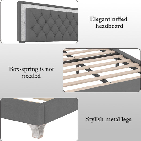 English Elm 3-Pieces Tufted Upholstered Platform Bed with Romantic LED Headboard and Two Storage Nightstands Gray 63.98 L x 23.23 W x 5.91 H N733S183659E
