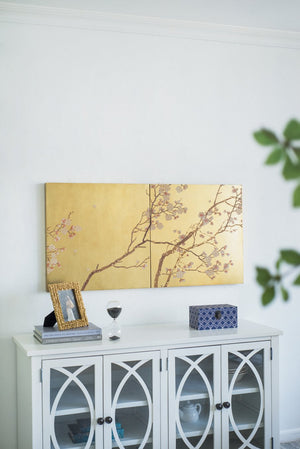 English Elm S/2 Cherry Tree Panel Wall Art Set - Gold Pink Brown Floral Landscape for Living Room & Bedroom Decor W2078P313337