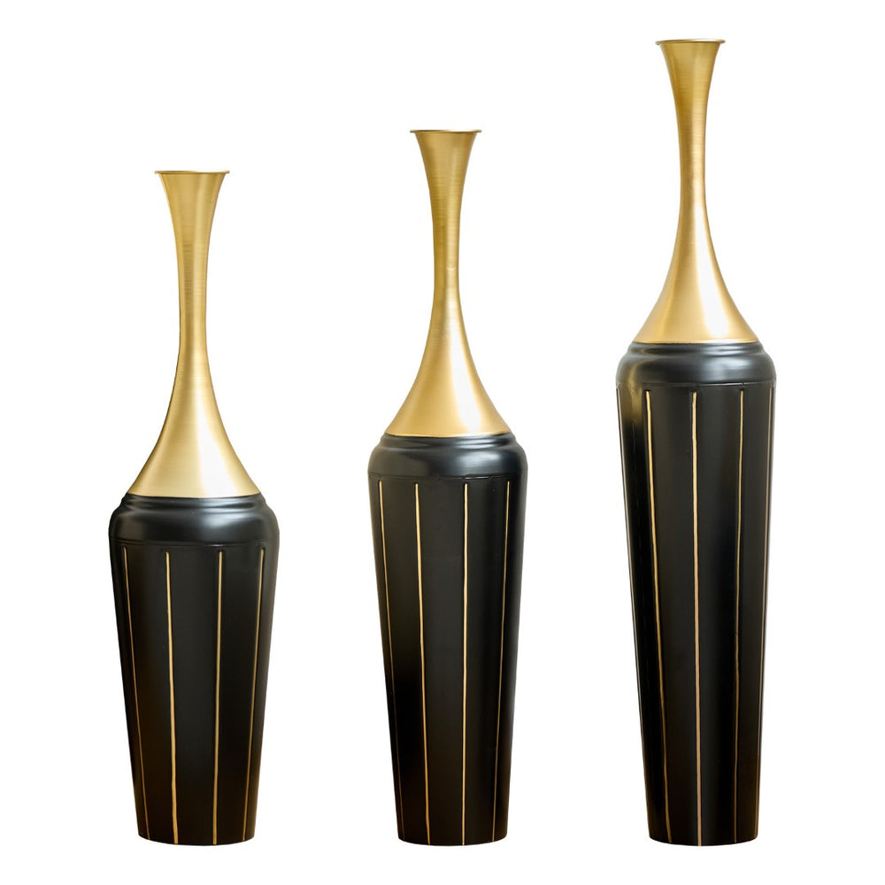 English Elm 3-piece Handcrafted Metal Floor Vase Set Matte Finish Architectural Trio for Entryway Black+Gold W2796P446204