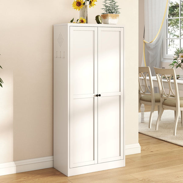 English Elm 61" White Metal Pantry Cabinet – 4 Adjustable Shelves (110 lb Each), Heavy-Duty Freestanding Organizer, Scratch-Resistant Finish, Rounded Handles, Side Hooks, Versatile Kitchen & Living Storage W2735P351633