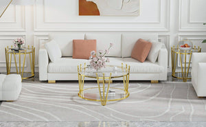 English Elm 31.5inch Modern Luxury Gold Coffee Table with Two-Tier Storage, Tempered Glass Top, Elegant Crown Design Clear W1550P171448