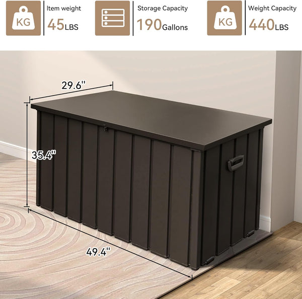 English Elm 190 Gallon Metal Deck Box Waterproof Steel Outdoor StorageBench with Lock, Wheels, Hydraulic Pistons Dark Brown W1859P404346
