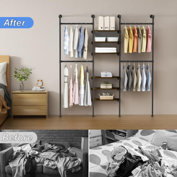 English Elm Industrial Pipe Clothing Rack - Wall-Mounted Heavy-Duty Garment Storage System With Adjustable Shelves T3210P392614