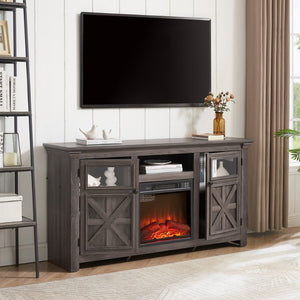 English Elm 2 Door Farmhouse Tv Console with Electric Fireplace Barn Style Grey Finish 60 Inch W1758S00025