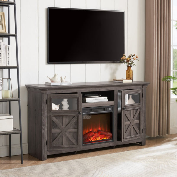 English Elm 2 Door Farmhouse Tv Console with Electric Fireplace Barn Style Grey Finish 60 Inch W1758S00025