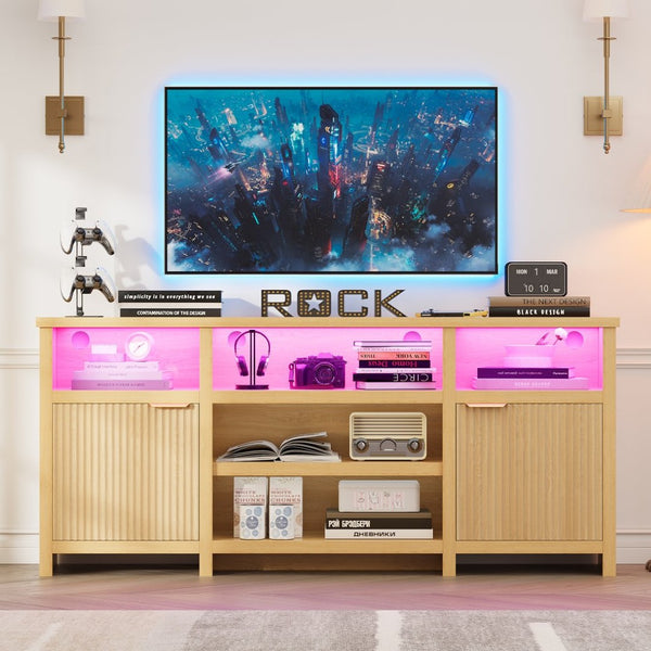 English Elm Highboy Media Console with Led Lighting Fluted Panels and Storage for Living Room T3773P416497