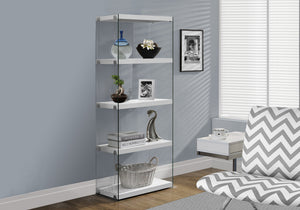 English Elm Bookshelf, 5-Tier Glossy Laminate & Tempered Glass Etagere with Chrome Accents for Small Spaces White 75 L x 15 W x 7 H B2710P219251