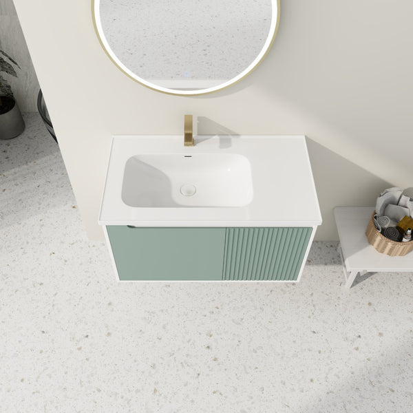 English Elm 36" Wall-Mounted Vanity with Ceramic Sink, Dual-Texture Wave Door, Soft-Close Hinges, Eco Plywood W999S00127