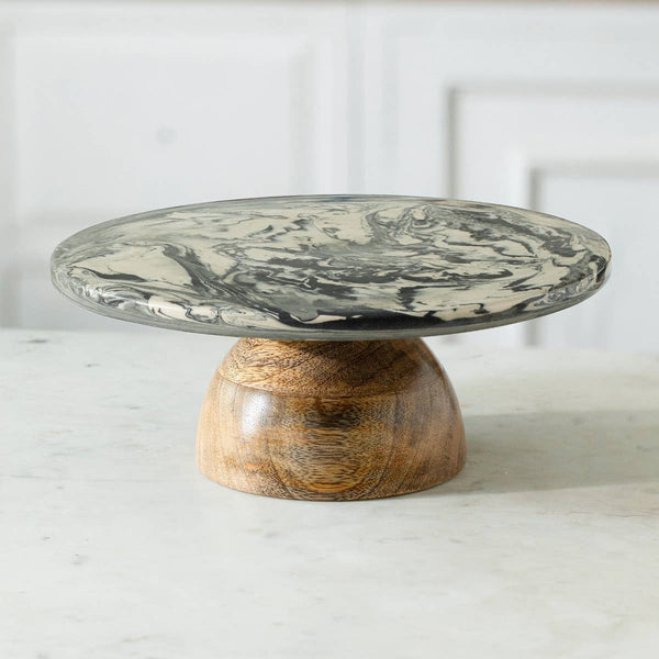 English Elm Carbon Carbon Ceramic and Wooden Cake Stand — Sleek Black Dessert Display, 9.8" Round, Durable Wooden Base, Elegant Giftable Centerpiece B346P336926