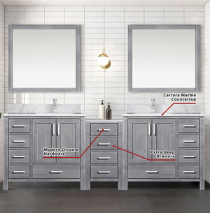 English Elm Distressed Grey Double Bath Vanity 92" W x 22" D with Carrara Marble Top, Chrome Faucets, Mirrors B2731S01232