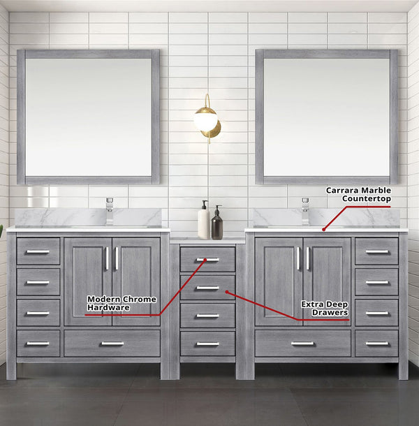 English Elm Distressed Grey Double Bath Vanity 92" W x 22" D with Carrara Marble Top, Chrome Faucets, Mirrors B2731S01232