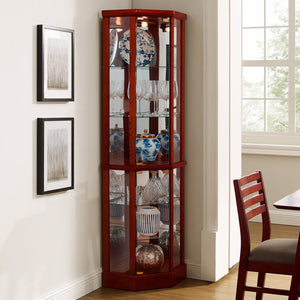 English Elm 6 Shelf Lighted Corner Curio Cabinet with Adjustable Tempered Glass Shelves, Acrylic Mirror Back, Solid Wood Frame Cherry W1693P170931