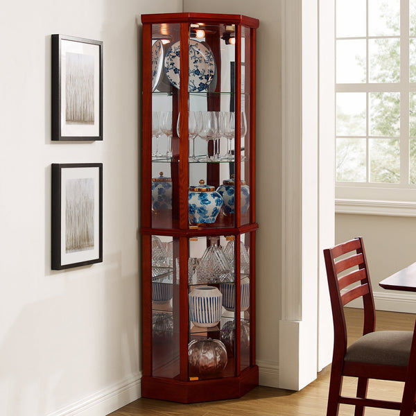 English Elm 6 Shelf Lighted Corner Curio Cabinet with Adjustable Tempered Glass Shelves, Acrylic Mirror Back, Solid Wood Frame Cherry W1693P170931