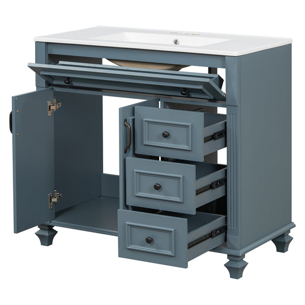 English Elm 36" Modern Bathroom Vanity with Ceramic Sink, Gold Handles, Flip-Out Drawer & Soft-Close Doors Blue Gray N725P283623C